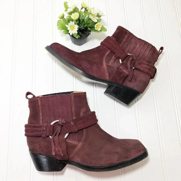 Diesel Maroon Suede Heeled Buckle Booties, Size 37 - Picture 1 of 8